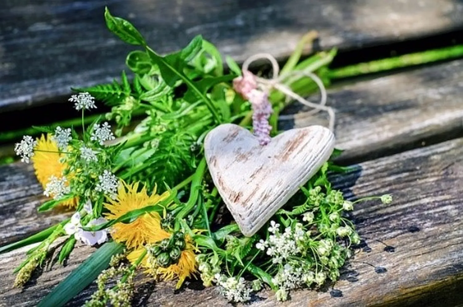 enHealing - Energetischen Praxis, persönlichen Entwicklung und Vitalstoffberatung - Ein kleiner Strauß leuchtend gelber Löwenzahnblüten und zarter weißer Wildblumen mit frischen grünen Stängeln liegt auf einer rustikalen, verwitterten Holzoberfläche neben einem dekorativen, hellen Holzherz.
