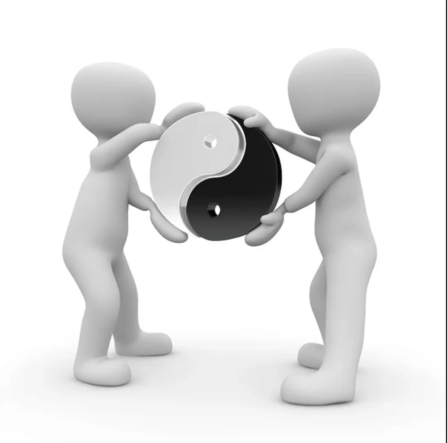 enHealing - Energetischen Praxis, persönlichen Entwicklung und Vitalstoffberatung - Zwei dreidimensionale Cartoonfiguren halten gemeinsam ein großes Yin-Yang-Symbol.