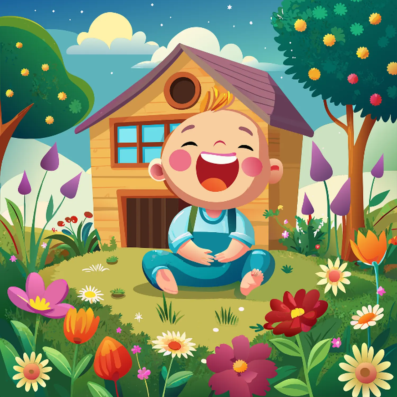 enHealing - Energetischen Praxis, persönlichen Entwicklung und Vitalstoffberatung - Eine Illustration eines fröhlichen, lachenden Babys, das in einem lebhaften Garten voller bunter Blumen vor einem kleinen Holzhaus sitzt.