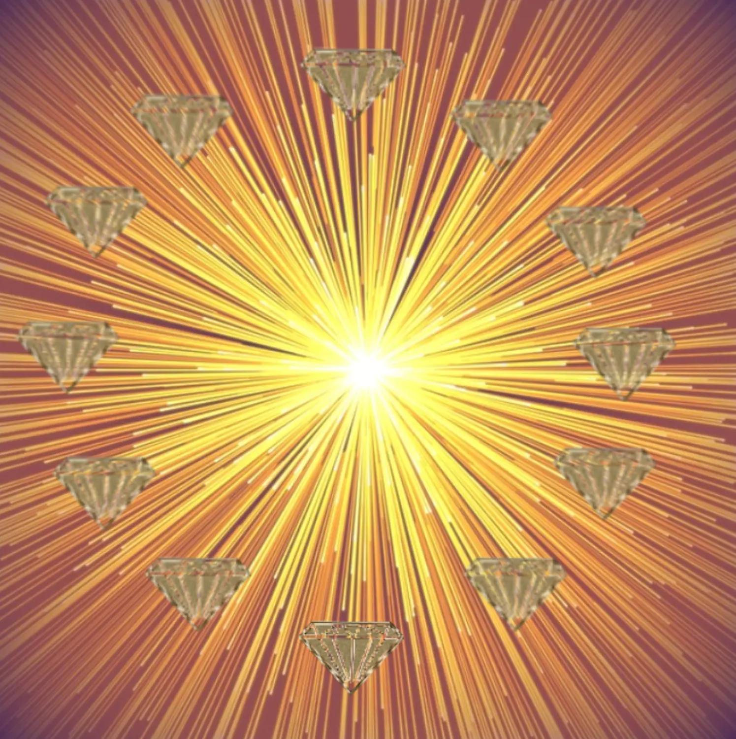 enHealing - Energetischen Praxis, persönlichen Entwicklung und Vitalstoffberatung - Eine kreisförmige Anordnung von zehn funkelnden Diamanten vor einem lebendigen, explodierenden Hintergrund aus goldenen und orangen Lichtstrahlen, die von einem hellen zentralen Sternenblitz ausgehen.