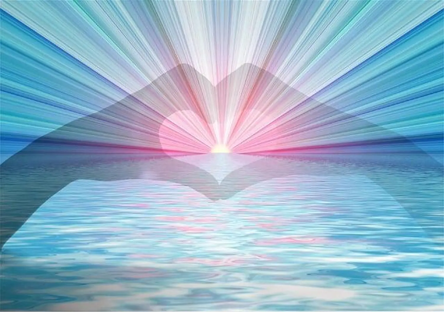 enHealing - Energetischen Praxis, persönlichen Entwicklung und Vitalstoffberatung - Digitale Kunst, die zwei Hände zeigt, die über einem ruhigen Meer eine Herzform bilden, aus deren Mitte eine helle Sonne leuchtend blaue und rosafarbene Lichtstrahlen ausstrahlt.