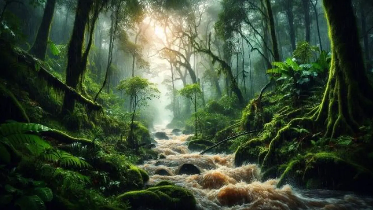 enHealing - Energetischen Praxis, persönlichen Entwicklung und Vitalstoffberatung - Ein üppiger, moosbedeckter Regenwald, durch dessen Mitte ein reißender, schlammiger Fluss fließt, dessen Schein sanften Sonnenlichts durch das dichte Blätterdach dringt.