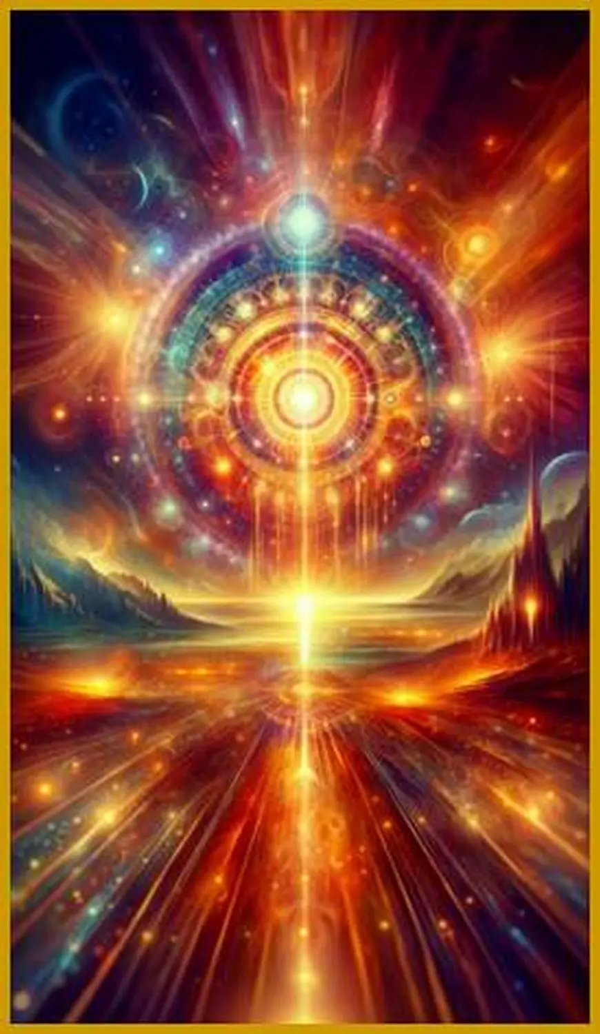 enHealing - Energetischen Praxis, persönlichen Entwicklung und Vitalstoffberatung - Ein abstraktes, lebendiges visionäres Kunstwerk, das ein kosmisches, leuchtendes Mandala oder Portal über einer surrealen Landschaft darstellt, aus dem brillante Strahlen goldenen, roten und orangen Lichts hervorstrahlen.