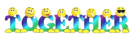 enHealing - Energetischen Praxis, persönlichen Entwicklung und Vitalstoffberatung - Eine 3D-Grafik des Wortes „TOGETHER“ in farbenfrohen Farbverlaufsbuchstaben, wobei jeder Buchstabe als Comicfigur mit gelbem Smiley-Gesicht und passenden gelben Füßen gestaltet ist.