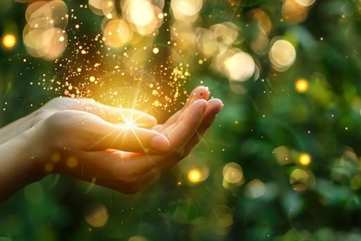 enHealing - Energetischen Praxis, persönlichen Entwicklung und Vitalstoffberatung - Die Hände einer Person, die eine Schale bilden, halten einen leuchtenden, hellen Ausbruch goldenen Lichts und funkelnden Staubs vor einem verschwommenen grünen Hintergrund mit weichen Bokeh-Kreisen.
