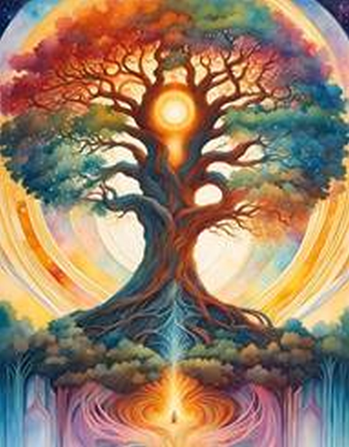 Eine farbenfrohe digitale Illustration eines mystischen Lebensbaums mit leuchtend regenbogenfarbenem Laub, weitverzweigten Wurzeln und einer strahlenden Sonne, die in seinen zentralen Ästen ruht.
