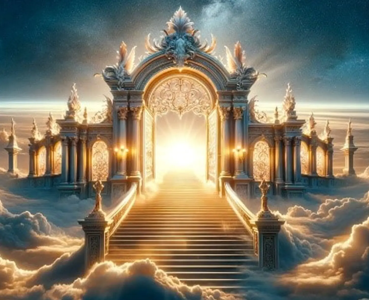 enHealing - Energetischen Praxis, persönlichen Entwicklung und Vitalstoffberatung - Eine kunstvoll verzierte goldene Treppe, die zu einem prächtigen, leuchtenden Himmelstor inmitten eines Wolkenmeeres unter einem sternenklaren Nachthimmel hinaufführt.