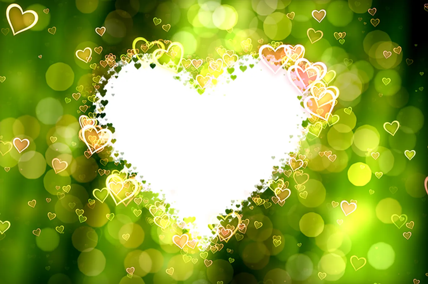 enHealing - Energetischen Praxis, persönlichen Entwicklung und Vitalstoffberatung - Ein großer, weißer, herzförmiger Rahmen vor einem leuchtend grünen Bokeh-Hintergrund, der mit kleineren, leuchtenden Herzen gefüllt ist.