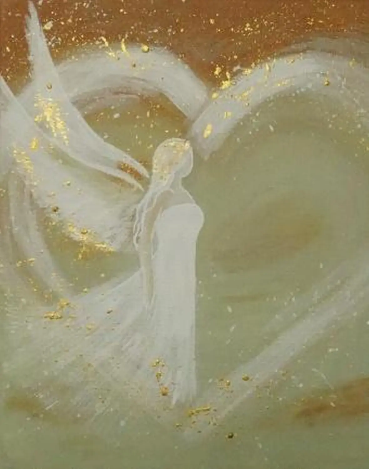 enHealing - Energetischen Praxis, persönlichen Entwicklung und Vitalstoffberatung - Ein ätherisches Gemälde eines Schutzengels mit einer weißen, geflügelten Silhouette vor einem großen, stilisierten Herzhintergrund, der mit schimmernden Blattgoldflocken verziert ist.