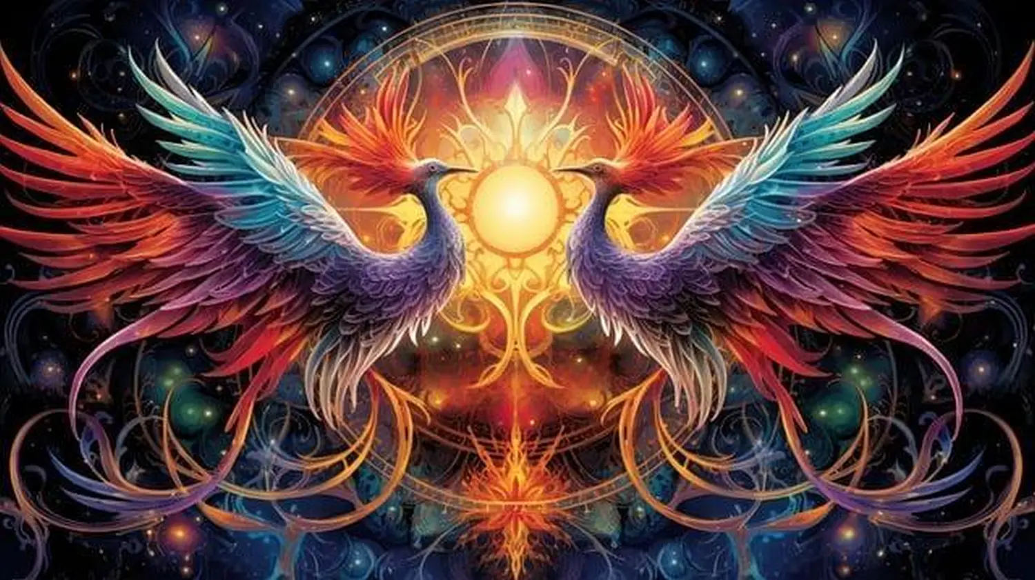 enHealing - Energetischen Praxis, persönlichen Entwicklung und Vitalstoffberatung -  Eine künstlerische digitale Illustration von zwei lebendigen, symmetrischen Phönixen mit feuerroten und kühlen türkisfarbenen Federn, die sich vor einer leuchtend goldenen Sonne inmitten eines dunklen, wirbelnden kosmischen Hintergrunds gegenüberstehen.