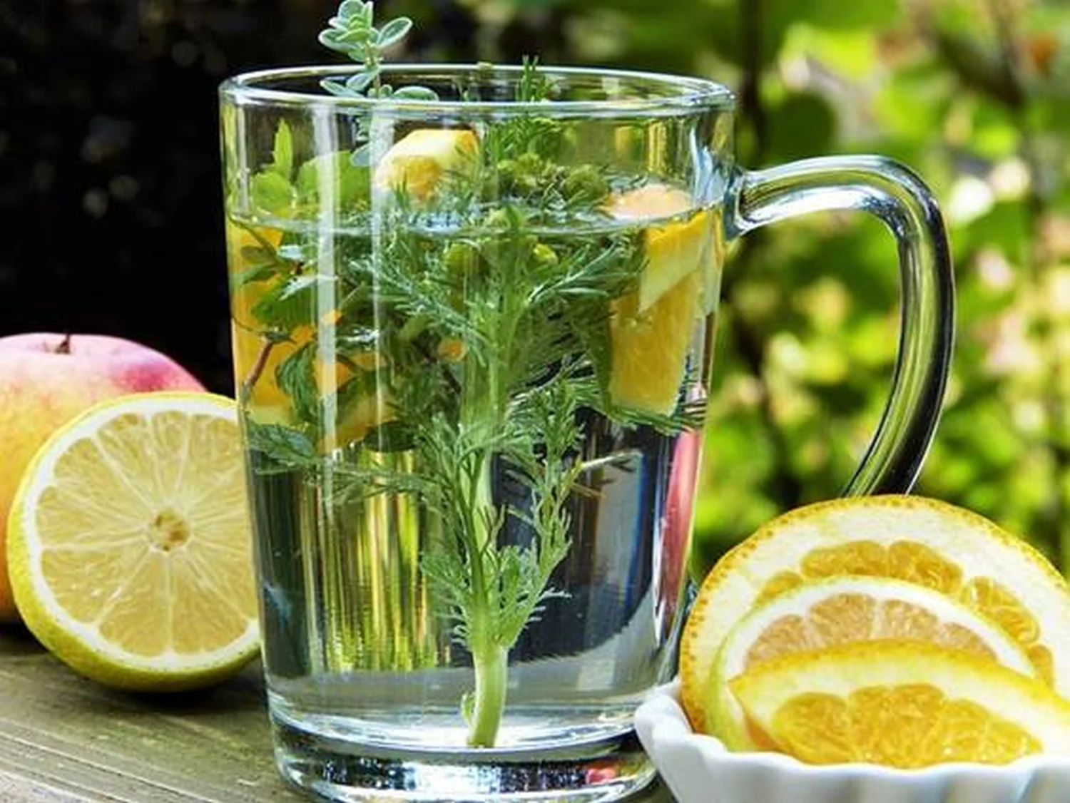 enHealing - Energetischen Praxis, persönlichen Entwicklung und Vitalstoffberatung - Ein Glasbecher gefüllt mit klarem Wasser, frischen grünen Kräutern und Zitrusfruchtscheiben, der auf einer Holzoberfläche neben frischen Zitronen und Orangen steht.