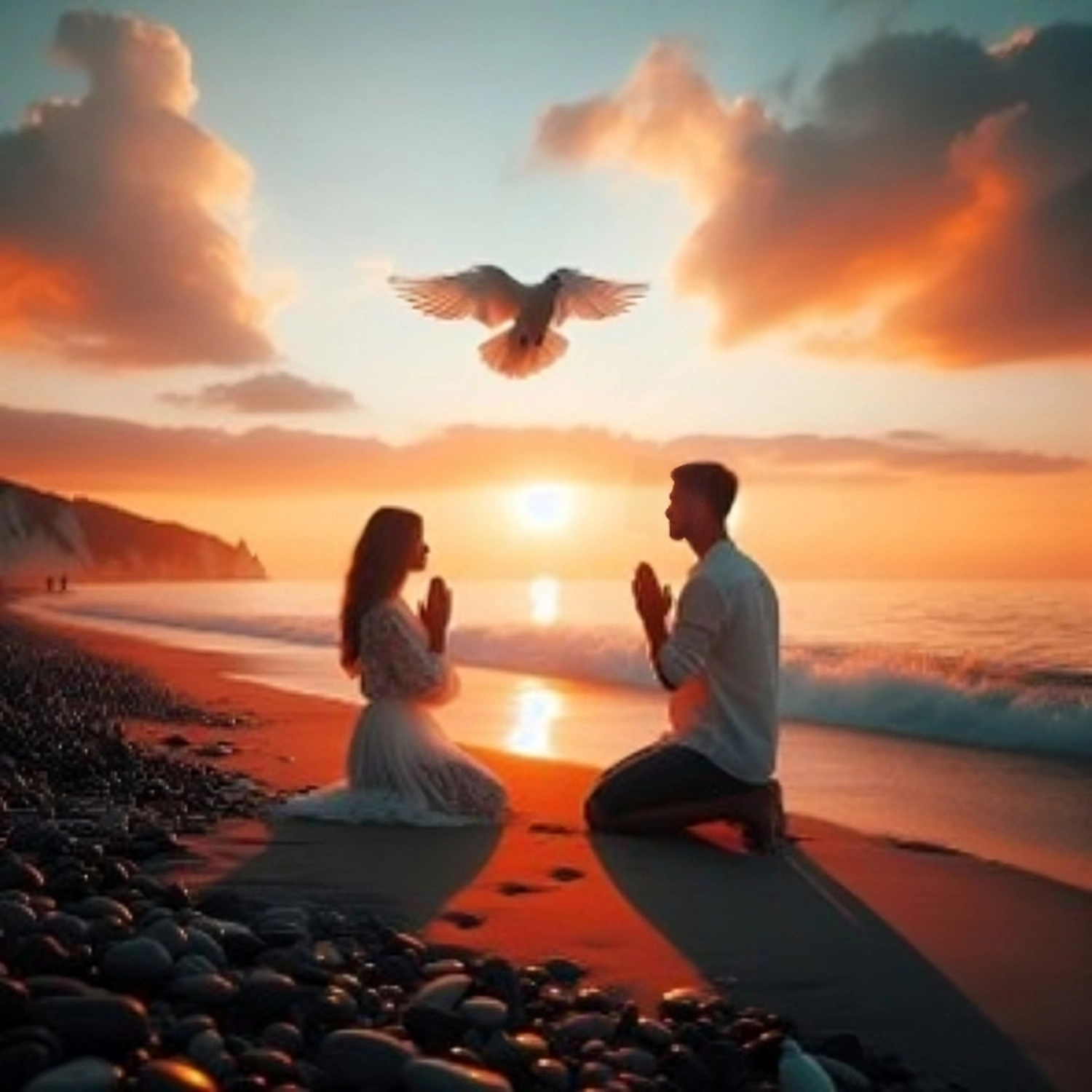 enHealing - Energetischen Praxis, persönlichen Entwicklung und Vitalstoffberatung - Ein Paar kniet bei Sonnenuntergang an einem felsigen Strand zum Gebet, über ihnen fliegt eine weiße Taube.